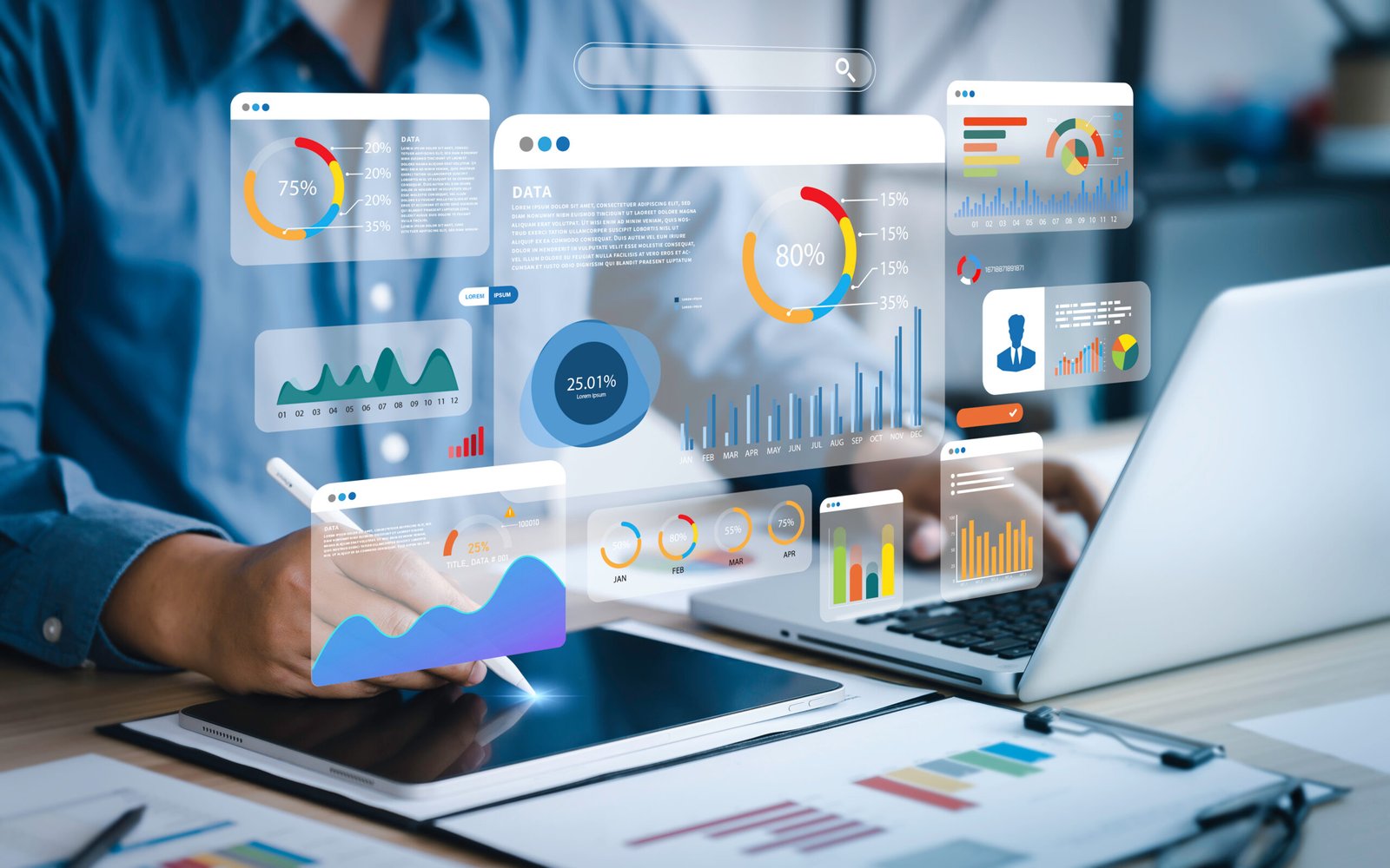 Business professional analyzing digital data dashboards on a tablet and laptop, surrounded by colorful analytics overlays.