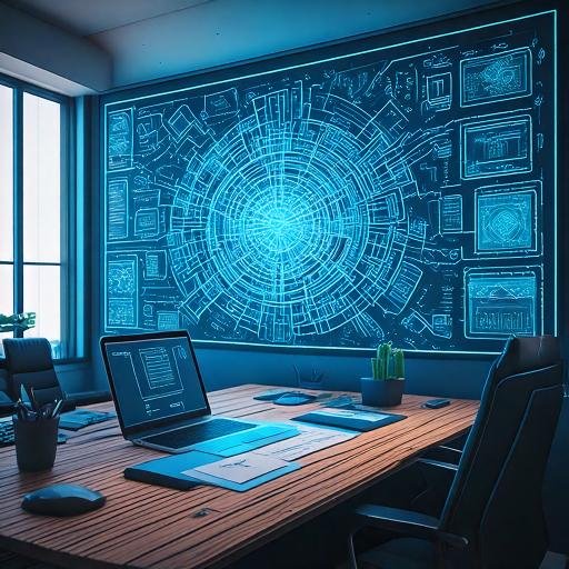 A modern office workspace with a large glowing holographic display on the wall, showcasing intricate blue data visualizations and digital schematics, alongside a sleek desk setup with a laptop, documents, and office supplies.