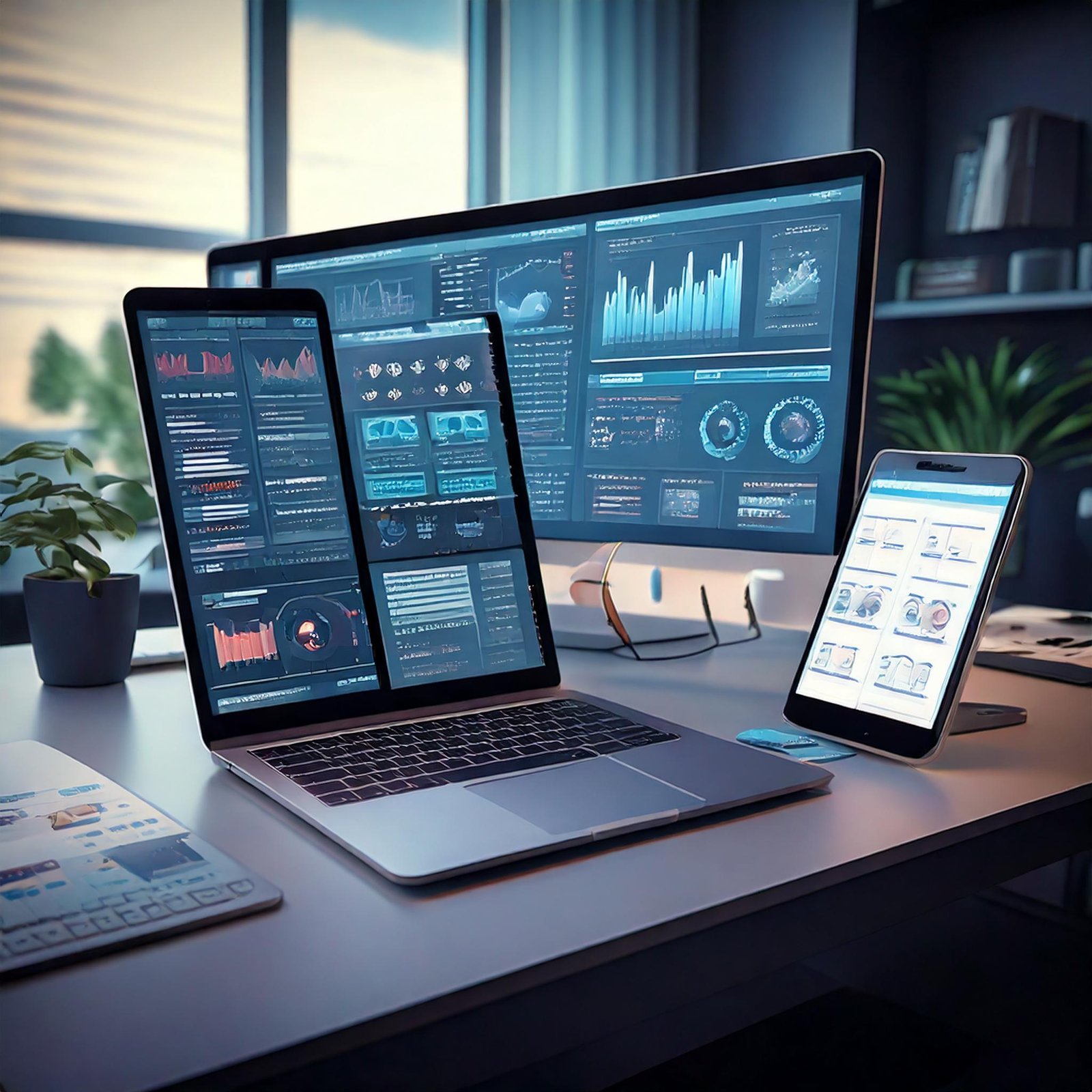 A sleek and modern workspace featuring a laptop, tablet, and smartphone displaying data dashboards, charts, and analytics, with a large monitor in the background showing detailed graphs and visualizations.