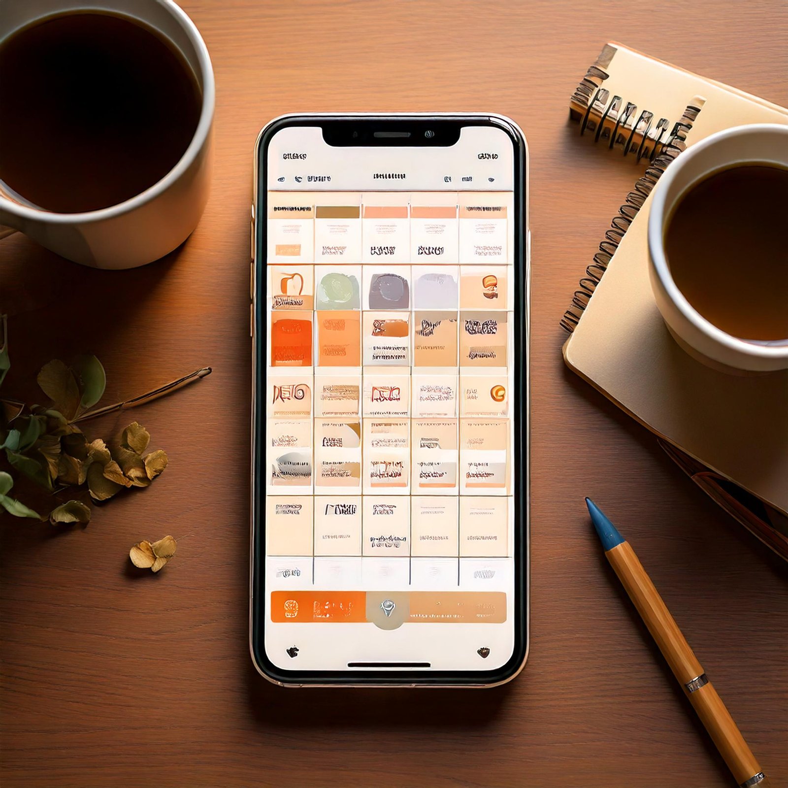 A smartphone on a wooden desk displaying a well-organized social media content calendar, surrounded by two cups of coffee, a notebook, a pen, and dried flowers for a cozy, productive workspace feel.