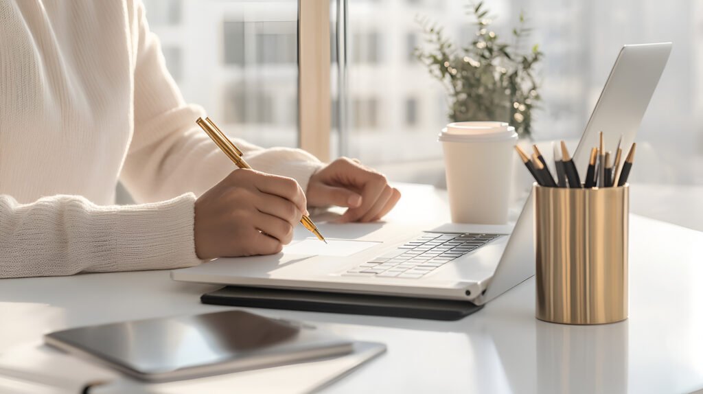 Female entrepreneur sitting at a white desk in a bright office, hands holding a pen and writing in a stylish black notebook, a laptop, gold pen holder, and a cup of iced coffee next to her.