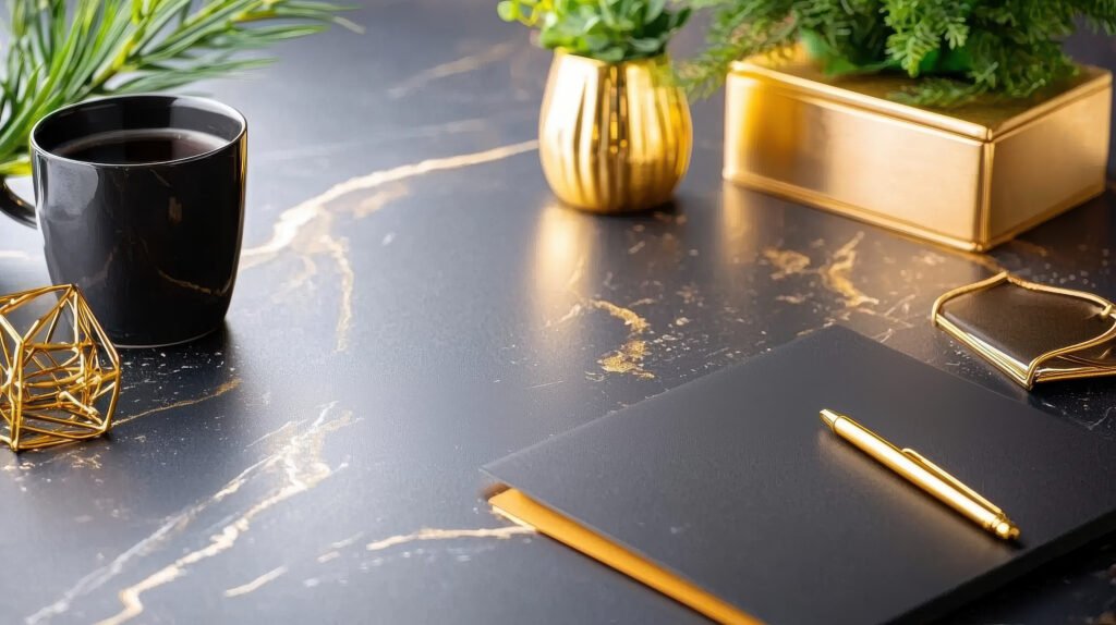 sleek black and gold stationery set on stylish desk, featuring black coffee cup, decorative plants, and elegant accessories, creating sophisticated workspace ambiance