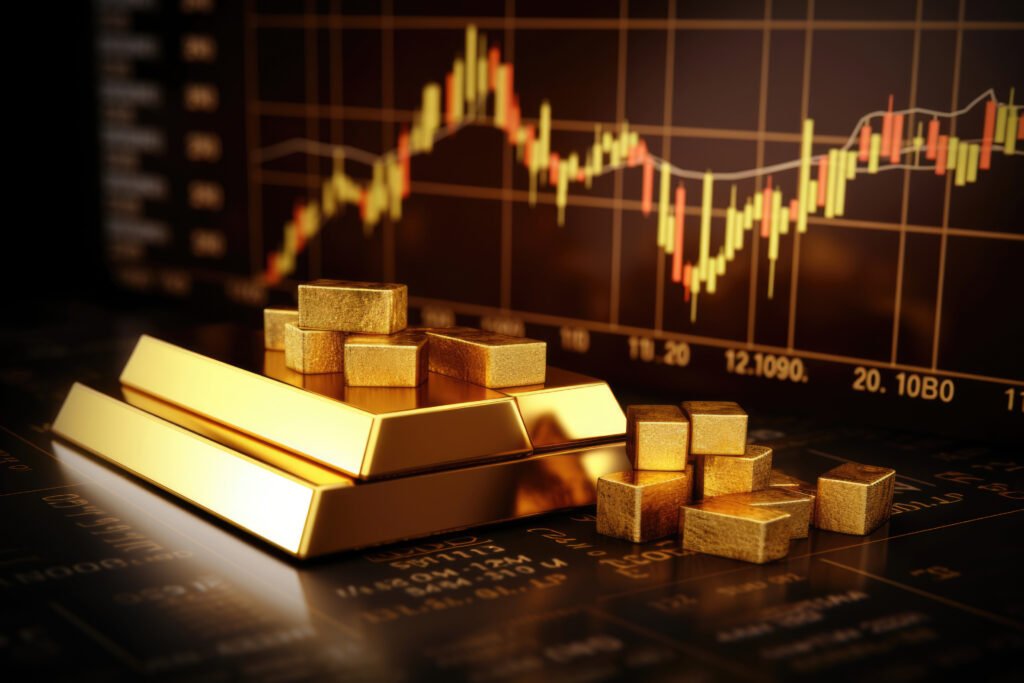 Stack of gold bars pile with forex trading graph, Gold stock market exchange concept. Generative AI.